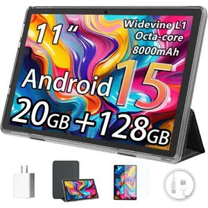 Tablet, 11-inch Android 15 tablets, 20GB+128GB+1TB expansion, Octa-core, 8000mAh large-capacity battery, 5G/2.4G WiFi6, GPS, Bluetooth 5.0, 5MP + 8MP dual cameras, Widevine L1, protective case - Black