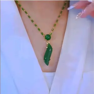 Vintage Style Faux Emerald Pendant Necklace with Green Beads and Simple Design