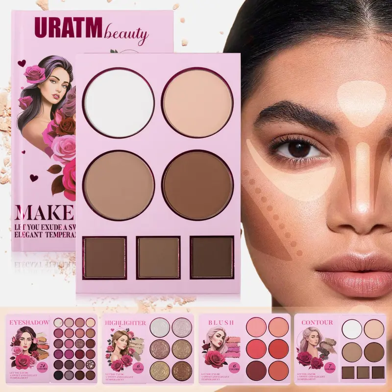4-Layer Foldable Book-Style Gluten-Free Glam Makeup Set - 43 Pro Silky Iridescent Shades, Contour, Highlight, Eyeshadow, Long-Lasting, Dewy Shell, Soft Glam, All Skin Tones, Ideal for Daily Makeup Routine