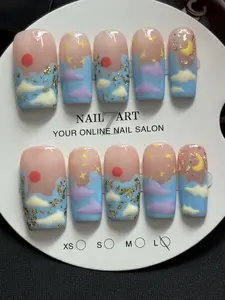 Nail Art Your Online Nail Salon Sky and Clouds Design with Gold Glitter for XS S M L Sizes