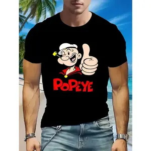 Popeye Graphic Crew Neck T-Shirt - Casual Polyester Knit Tee with Short Sleeves, Slight Stretch & Print Detail - Daily Casual & Weekend Wear for Adults