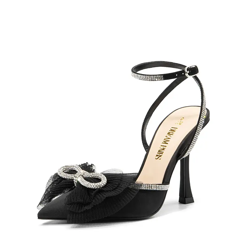 Dream Pairs Women's Pointed Toe Stilettos, Stylish Mesh High Heels with Decorative Rhinestone Bow and Single Ankle Strap, Decor, Footwear, Mesh Fabric