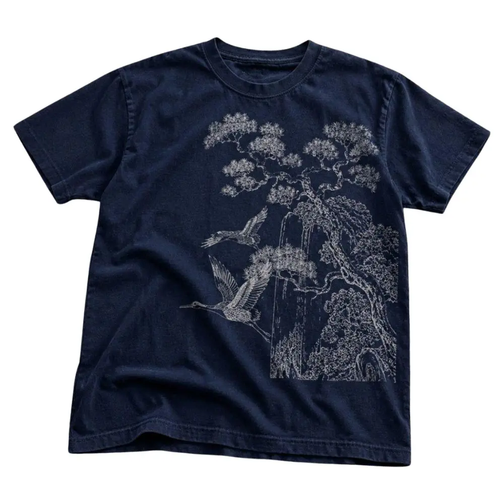 Japanese Crane Bonsai Landscape T-Shirt, Vintage Asian Nature Graphic Tee, Zen Mountain Art Shirt, Oriental Ink Style Unisex Gift,, Nature Lover Gift, Crew Neck Shirt, Trending Shirt