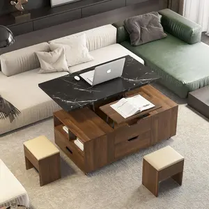 Lift Up Coffee Table: Modern Multifunctional Storage Table with Hydraulic Mechanism & 2 Stools - Space Saving Convertible Design for Home Office & Small Apartments Workstation Solution（Wood）