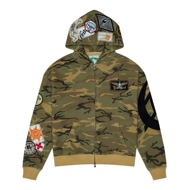 Godspeed 'Squadron' Camo Green Hoodie, Menswear Tops, Ribbed Hem Sweatshirt, Sweatshirts