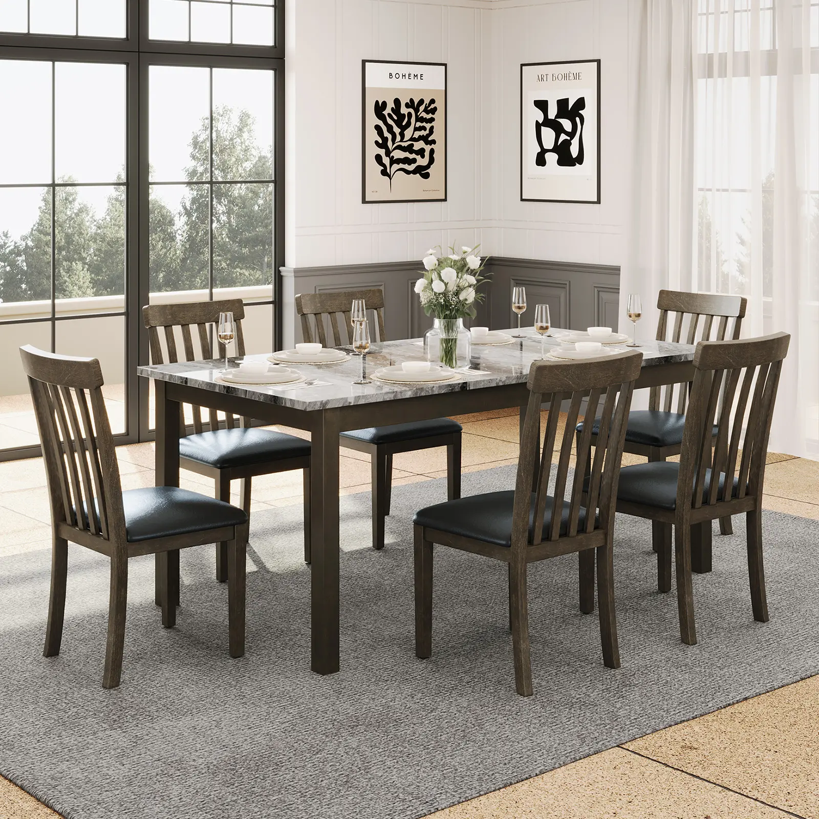 【Ships in 2 Boxes】[Summerwins] [SummerFinds] AMERLIFE 7-Piece Dining Table Set with 6 Chairs,Modern Solid Wood Dining Table Set with 6 Upholstered Chairs,71'' Marble kitchen table&Chair Set for 6 People,Marble&Brown - Ships in 2 Boxes