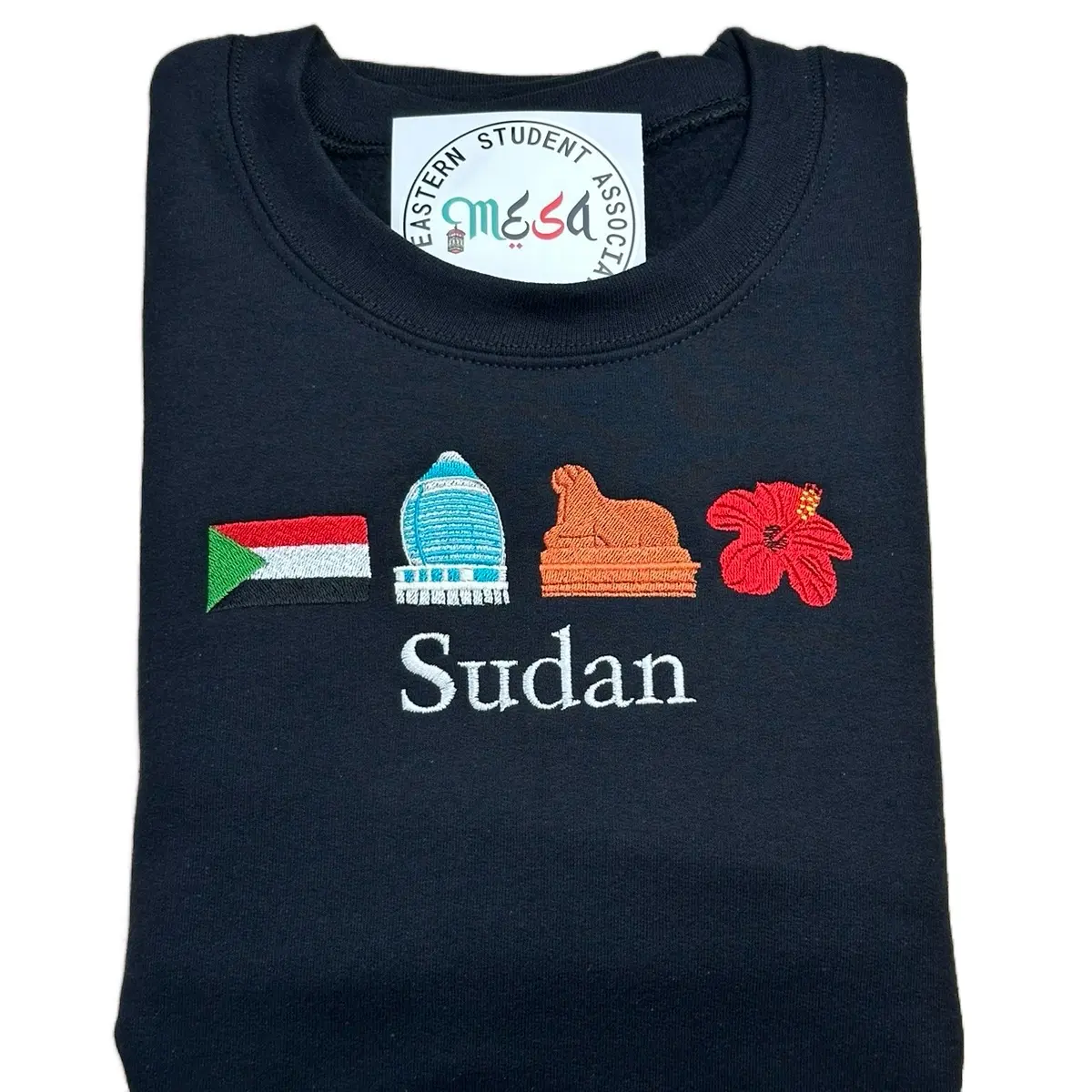 Sudan Embroidered Crewneck | Sudan 4 icons sweater | flag, skyscraper, lion statue, hibiscus flower
