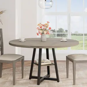 Garvee 47Inch Round Dining Table for 4-6 People, Grey Dining Room Table with Metal Pedestal Base, Space Saving, Industrial Circle Kitchen Table with Storage Shelf for Dining Room, Kitchen