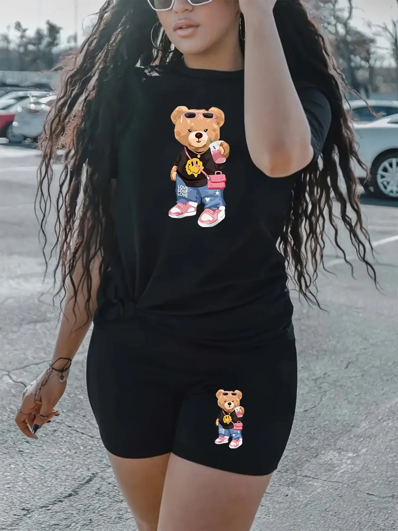 Women'S s Bear Print Short Sleeve T-Shirt  High-Waist Shorts Set - Stretchy, Crew Neck, Geometric Design, Black Tee with Colorful Bear Graphic  Matching Shorts, Casual WearPlayful Graphic TeeStretchy Fabri