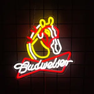 Budweiser Clydesdale Logo LED Neon Sign - Red & Yellow Brand Decor USB-Powered Wall Light for Beer Bar, Pub, Man Cave & Brand Collection Display，Game Room Home Bar Art Wall Decor Led Neon Lights