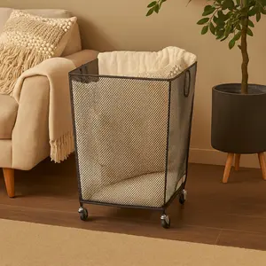 Metal Square Mesh Wire Rolling Laundry Mobile Storage Cart with Ring Handles
