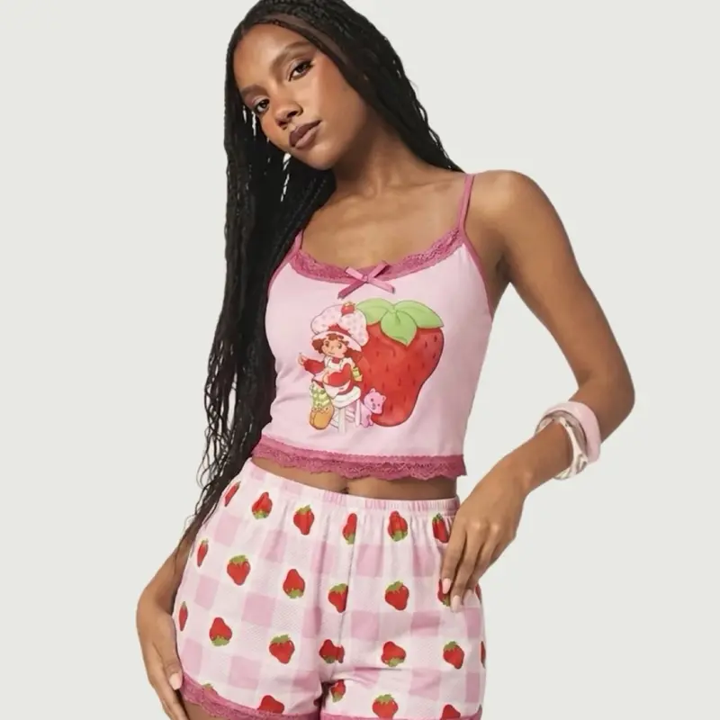 Strawberry Shortcake Pink Cami & Gingham Shorts Pajama Set, Light, High Stretch, Great Fit