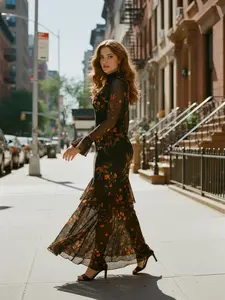Black 1930s Floral Mesh Ruffle Maxi Dress with Elegant Ruffles and Floral Design