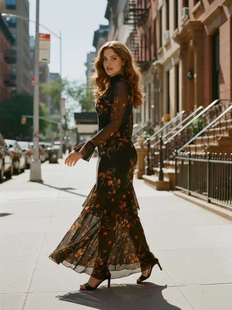 chinese dress ladies Long Sleeve Maxi Dress for Women Floral Lace V Neck Split Mesh See Through  Summer Maxi Dress,Black,S at Amazon Women's Clothing store main image 0