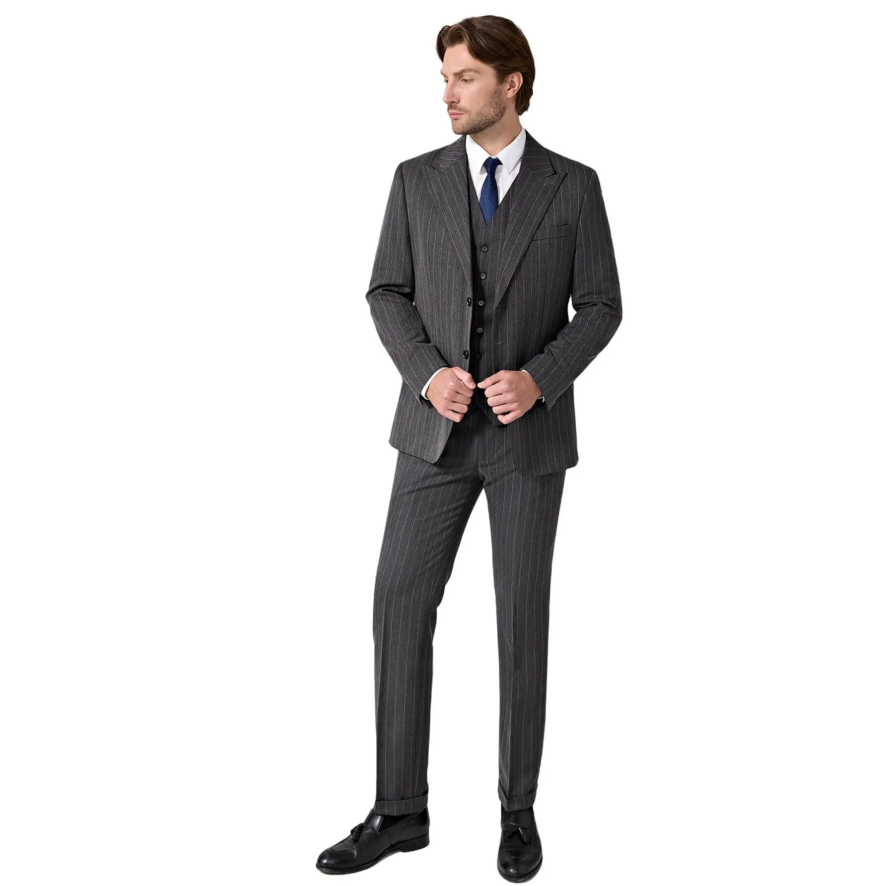 Men's 4-Piece Brown Pinstripe Suit Set - Slim Fit Long Sleeve Blazer & Straight Pants, Polyester Soft Wrinkle-Free Menswear for Groom Wedding & Graduation Office Formal Wear