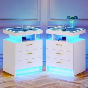 Auto LED Nightstands  Of 2, Modern Bedside Table  Wireless Charging Station, High Gloss Bedside Tables  2 Drawers, Night Stand  2  USB+Type-C Port For Bedrooms/Living Room/Office (High Gloss White/Black) with set Tall Glass Door Color Block Sofa
