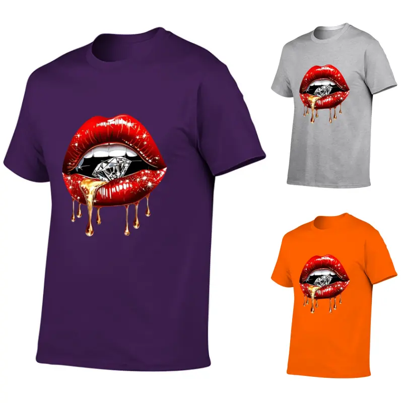 Men's Graphic T-Shirt with Red Lips & Diamond Print,Trendy Soft Short Sleeve Crew Neck Y2k Graphic Tee for Casual Streetwear,Gym,Workout | Holiday Gift for Dad,Husband,Boyfriend (Father's Day,Christmas,Birthday),Plus Size T-Shirts,Men Colthing