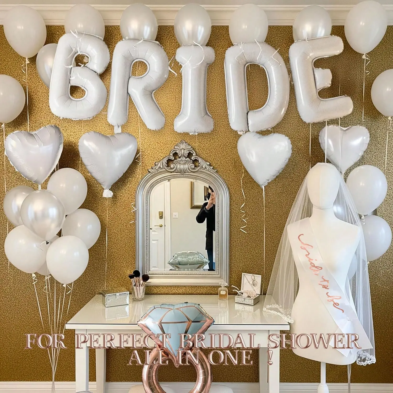 The white bride gift set includes decorations, Party Balloons Decorations, such as a 40-inch 'BRIDE' letter balloon, a 'Bride-to-Be' ribbon, and a rose gold diamond ring heart balloon, suitable for bachelor/bachelorette parties and wedding supplies