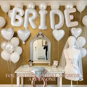 The white bride gift set includes decorations such as a 40-inch giant "BRIDE" letter pearl balloon, a "Bride-to-Be" ribbon, and a rose gold diamond ring heart balloon, suitable for bachelor/bachelorette parties and wedding supplies.1
