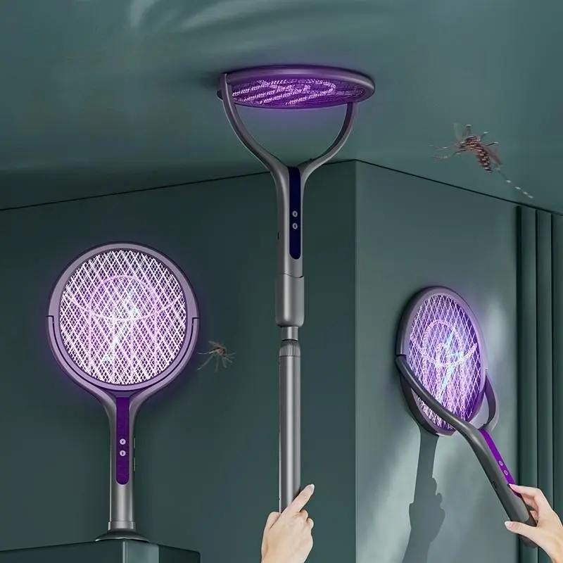 USB Rechargeable Electric Mosquito Swatter, Rotating Head Electric Fly Swatter, 2800V Bug Zapper, Electronic Mosquito Zapper, Dual Modes, Retractable with Base & Extension Rod, Household Mosquito Killer for Indoor & Outdoor