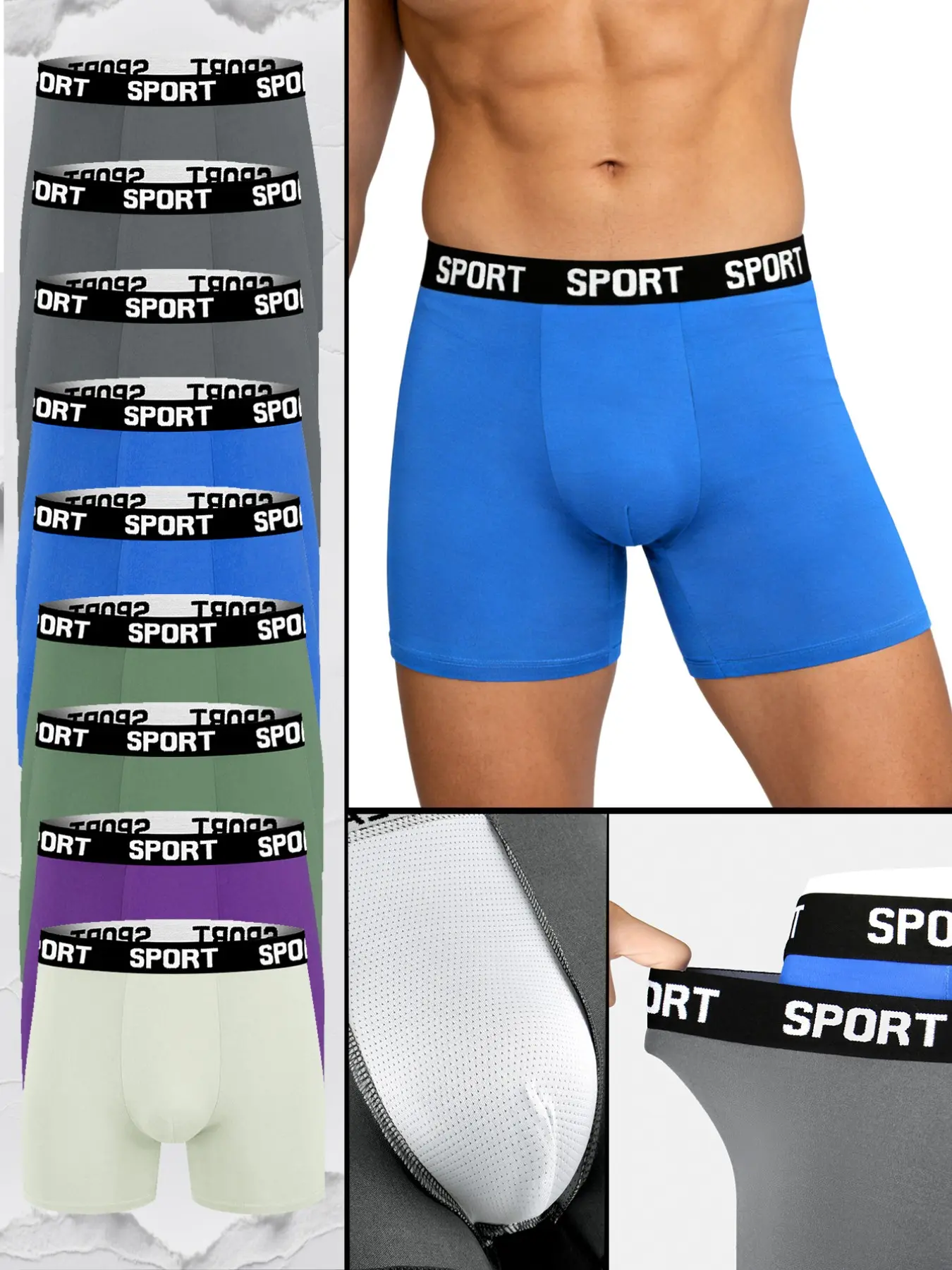 9 pcs men's slim fit Long flat cornered underwear-Soft,breathable, lightweight, elastic waistband, Stretchy Sports Underwear, Four Seasons sports and daily casual wear, Breathable Comfy Innerwear