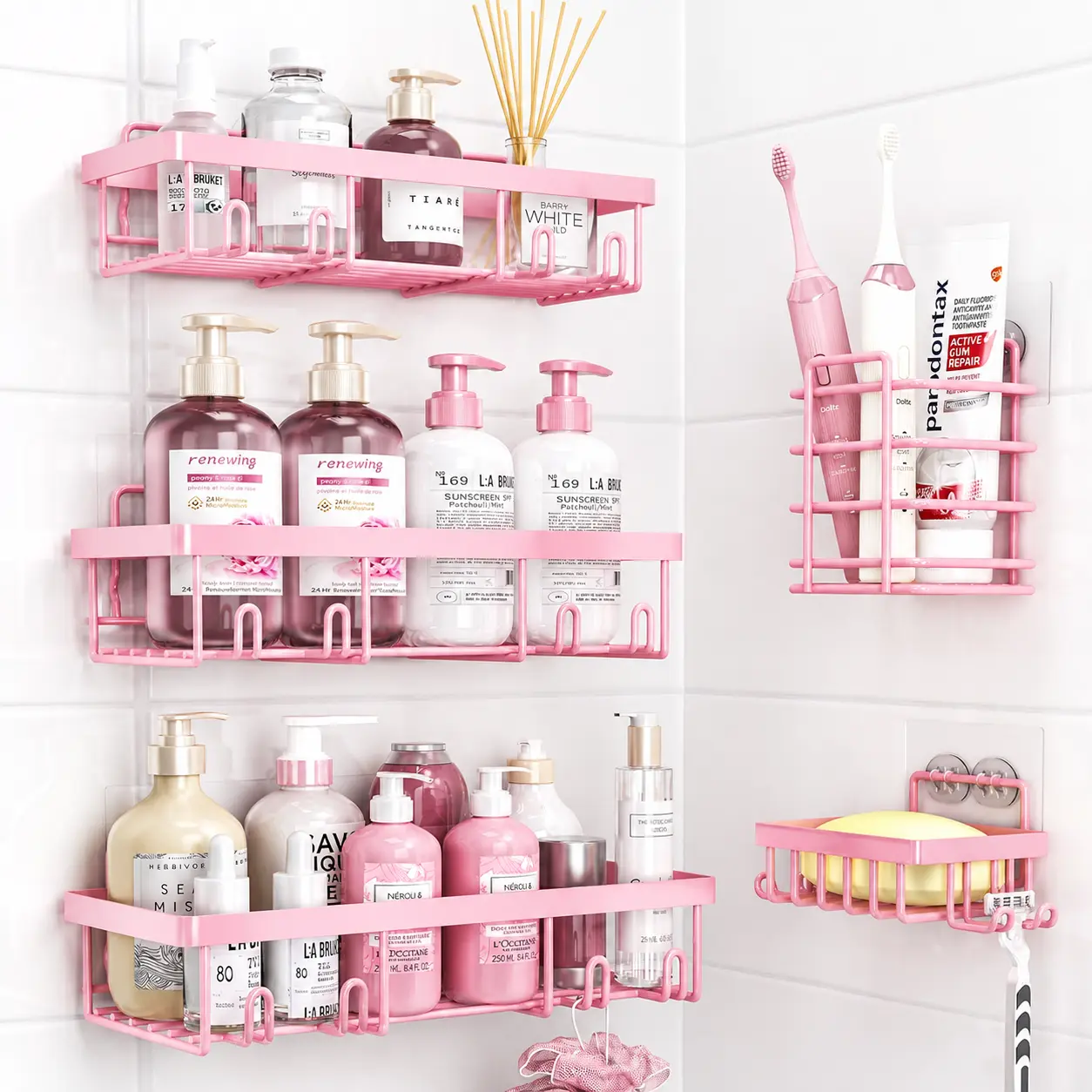 Blush Pink 5-Piece Self-Adhesive Stainless Steel Multi-Piece Shower Organizer Set, No-Drilling Bathroom Storage Caddy, Rust-Resistant Accessory with Shampoo & Body Wash Basket Installation, Multi-Piece Shower Organiser