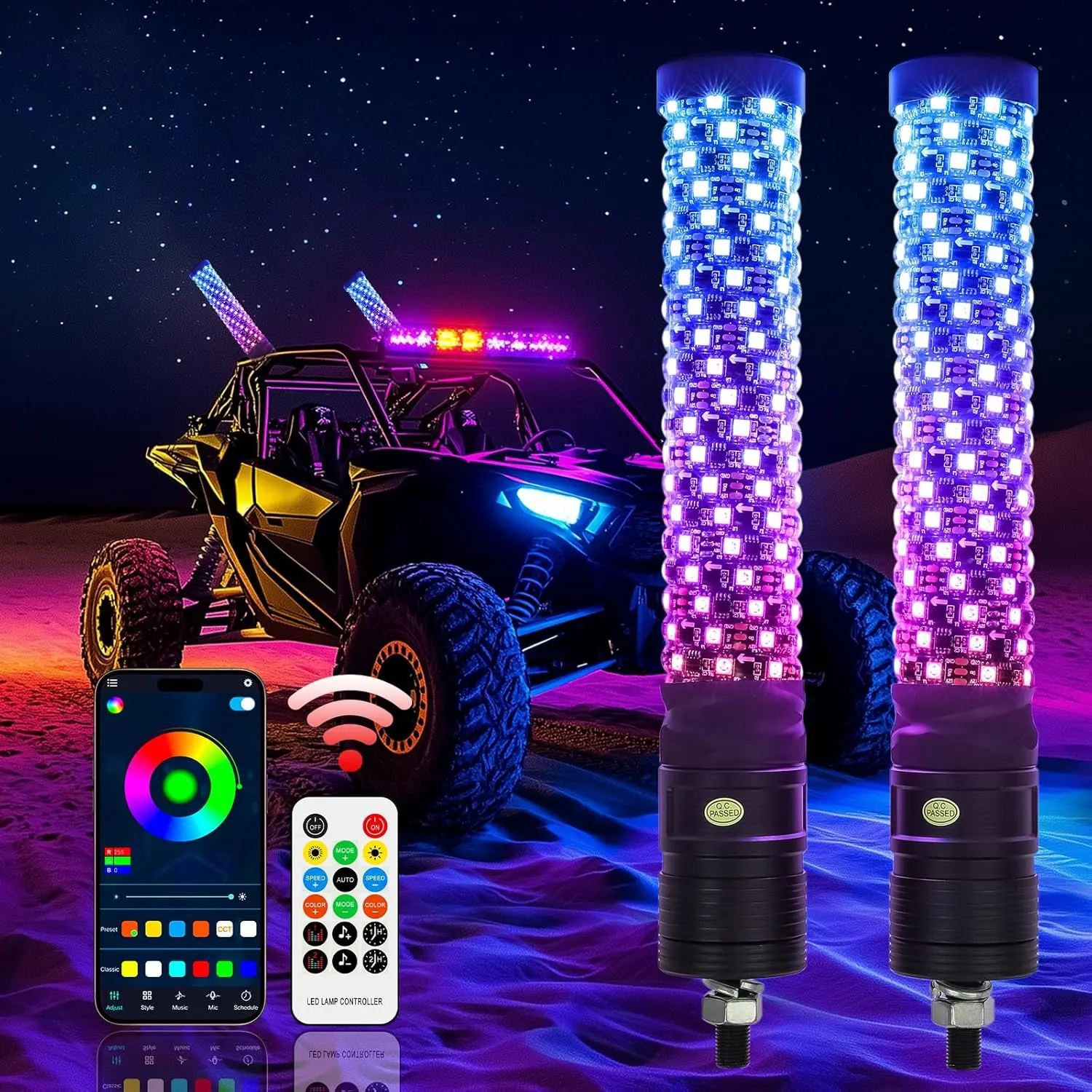 2Pcs 1FT Fat Whip Lights for Side by Side with Wireless Remote and APP Control LED Spiral RGB Chasing Lighted Antenna Whips for UTV ATV Truck Polaris Dune Buggy RZR Can-Am
