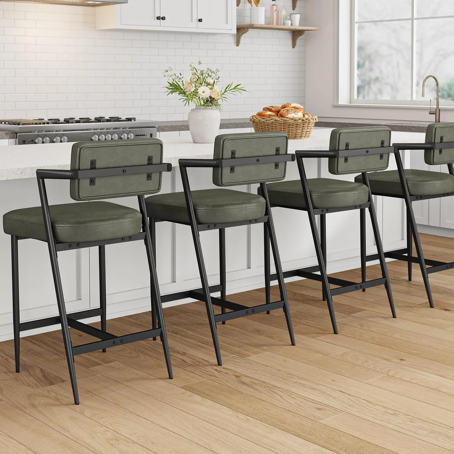 Garvee 4pcs Industrial Counter Stools (400 lbs Capacity, 59.2 lbs) - Rustic Green, Ergo Arms, Backrests, Footrests, Thick Waterproof PU Leather Cushions, Durable Thick Metal Legs, 18" Seat Width, Assembly Required for Kitchen Island, Compact Living Spaces