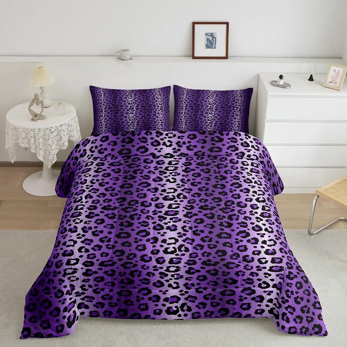 Feelyou Purple Black Cheetah Microfibre Duvet Set - Decorative Bed Set with 3D Animal Theme, Breathable Fill, Multi-Size Queen/King, Machine Washable, Travel-Friendly Safari Soft Furnishings for Teens, Modern Bedrooms
