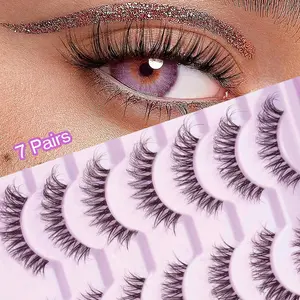 Voluminous D Curl False Eyelashes, 7 Pairs Transparent Stems, Fish Tail Cross Design, Essential Makeup for Fashion Girls, 5-15mm