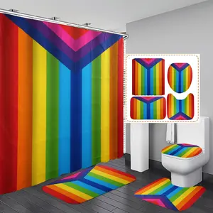 1/3/4PCS Colorful rainbow style banner with multiple hues Shower Curtain Set with Rugs, Non Slip Bath Mat, U-Shape Carpet, Toilet Lid Cover, Polyester Fabric Bathtub Curtain Accessories, 12 Hooks, Home Bathroom Festival Decor