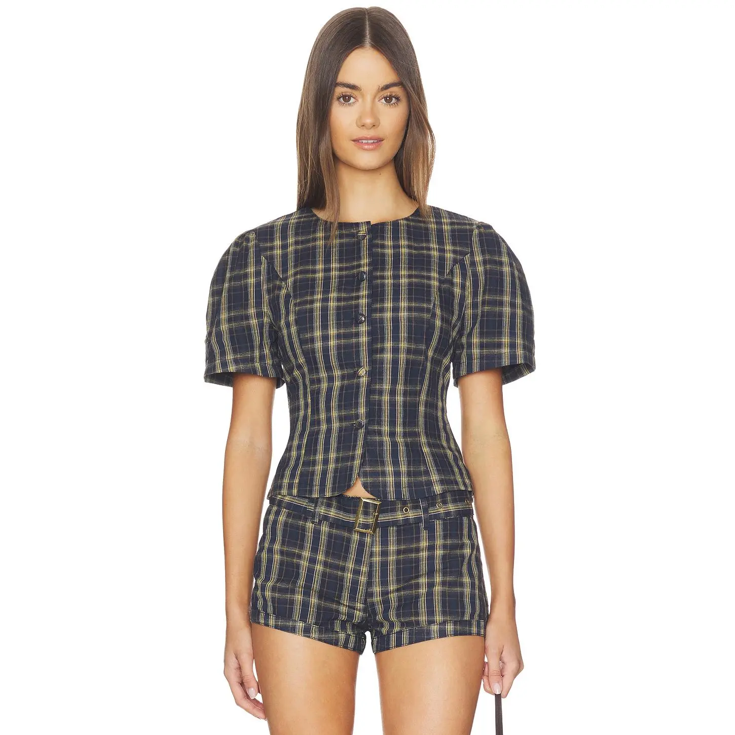 LIONESS Femme Blouse in Navy Lemon Plaid