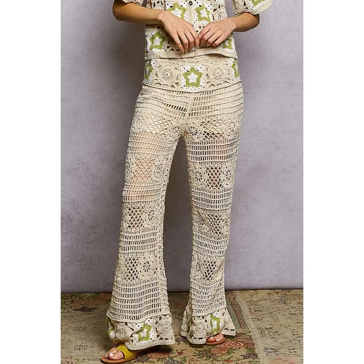 Openwork Crochet Flare Pants Contrast Star