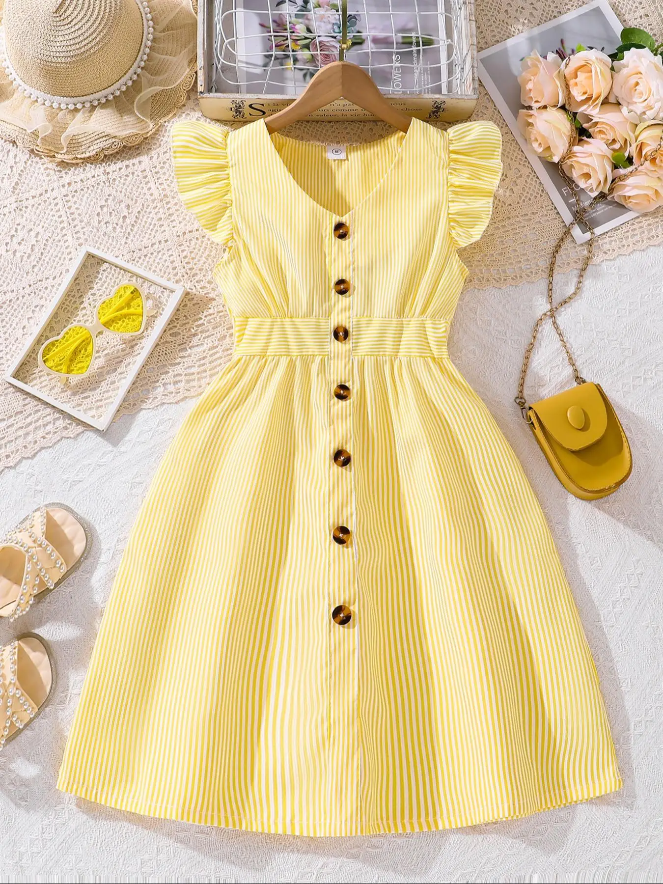 Girl's Striped Print Button Butterfly Sleeve Dress, Casual V Neck Cap Sleeve A Line Dress for Daily Wear, Kids Clothes for All Seasons