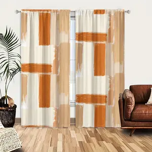 2pcs Window Curtains, Abstract pattern of textured brushstrokes in cream, tan, and burnt orange, arranged in a basketweave design.Window Drapes for Bedroom Living Room, Rod Pocket Window Treatment