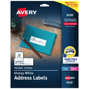 Avery Address Labels with Sure Feed and Easy Peel Technology, Glossy White Labels, 1" x 2-5/8", Permanent, Laser/Inkjet, 750 Glossy Labels (6526)