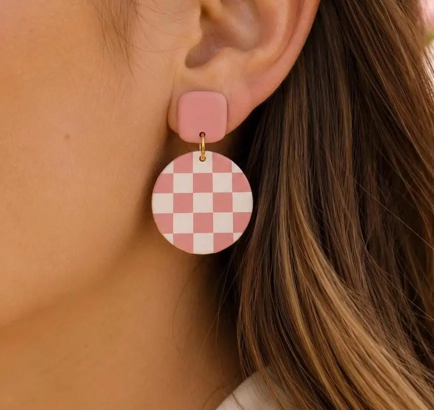 Pink Checkered Earrings, Pink and White Polymer Clay Earrings, Handmade Statement Earrings, Boho Dangle Jewelry, Gift for Her