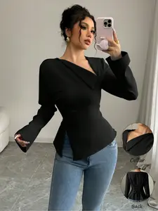 New Women's Irregular Collar Long Sleeve Solid Color Casual Blouse Top, Stylish and Comfortable, Perfect for Daily Wear