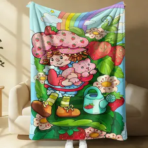 Strawberry Shortcake with Rainbow Cartoon Flannel Fleece Throw Blanket, Multi-Use Cozy Blanket for Kids Room Decor, Sofa Bed Cover, Office Nap, Car, Camping, Travel, Pet Blanket, Summer Air Conditioner Blanket