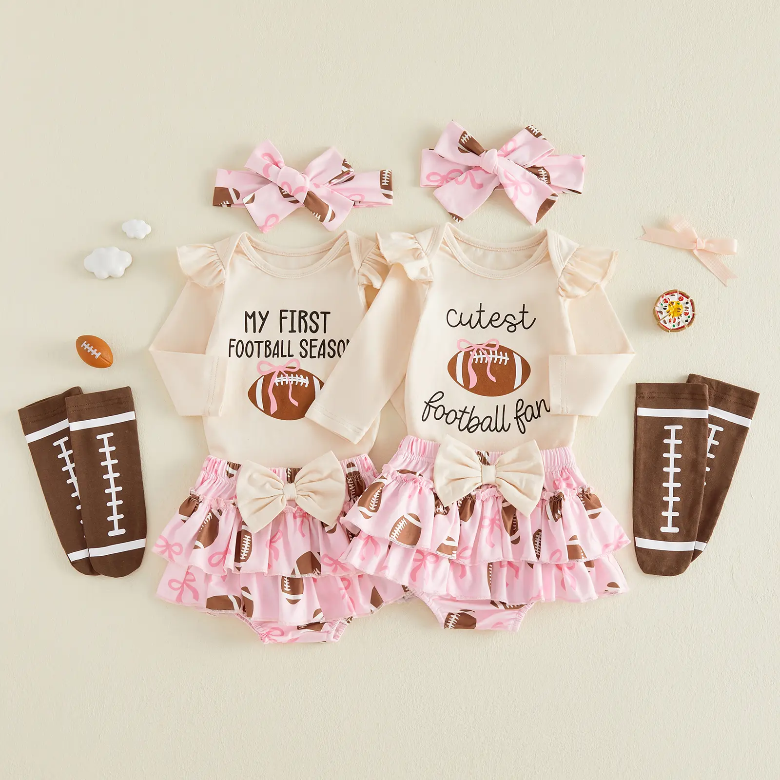 Newborn Baby Girl Football Outfit Game Day Romper Football Tutu Shorts Set Headband Socks 4Pcs Infant Summer Clothes
