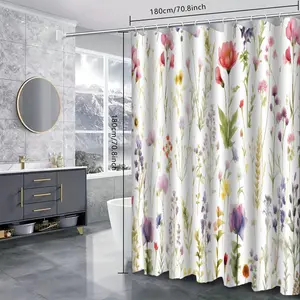 Flowers Print Shower Curtain, Waterproof Bathroom Curtain with 12pcs Hooks, Bathroom Decor Supplies for Home Hotel Salon Dormitory
