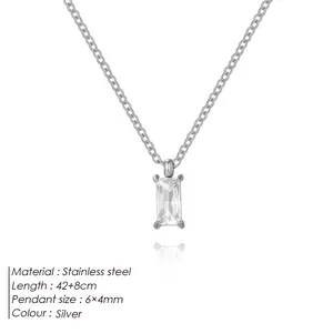 Vintage 316L Stainless Steel Clear Zircon Rectangle Pendant Necklace