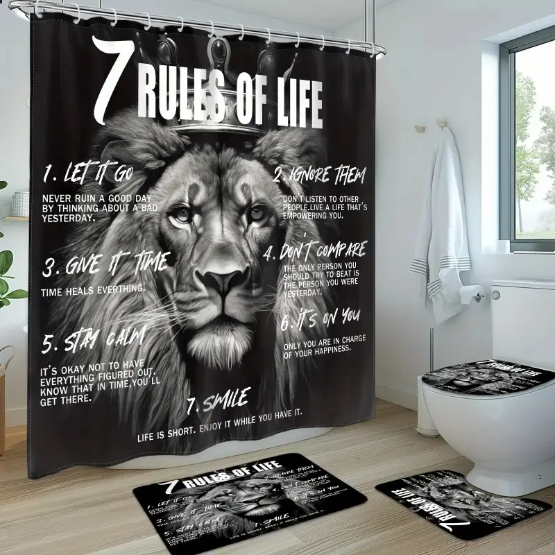 1/4-piece retro-style shower curtain set with quotes from the African American classic Animal Kingdom, including a non-slip mat, U-shaped rug, and toilet seat cover, bathroom décor, Bathroom Accessory, Bathroom Decor And Accessories, comes with 12 hooks