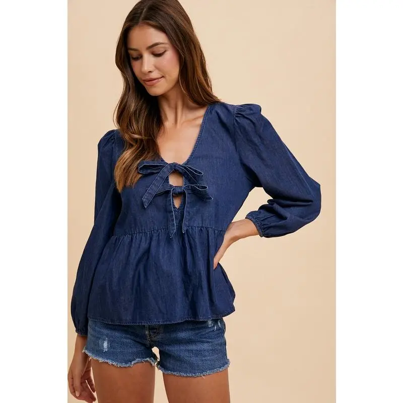 Annie Wear Tie Front Peplum Long Sleeve Denim Top