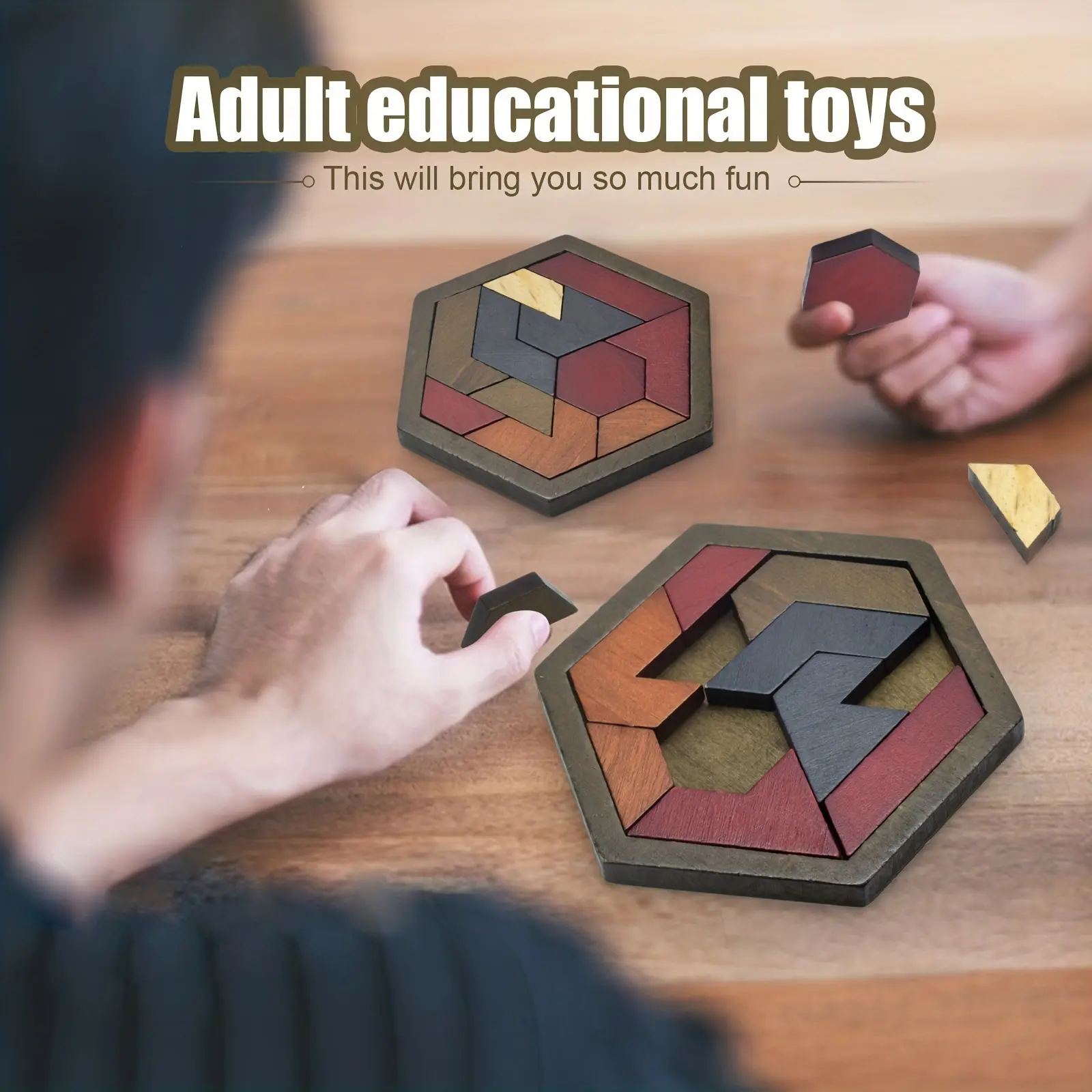 A set of hexagonal tangram puzzles, wooden puzzle toys, adult challenging wooden brain teasers puzzles, puzzle games, portable puzzle games for families, Halloween, Christmas, Thanksgiving gifts, suitable for party games and events 20260402