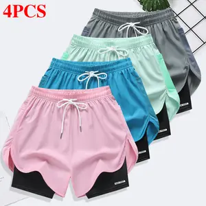 Women’s 4-piece casual shorts set available in four colors, featuring a two-layer stacking design and letter print, suitable for everyday workouts, comfortable casual wear, and outdoor activities.,summervibes