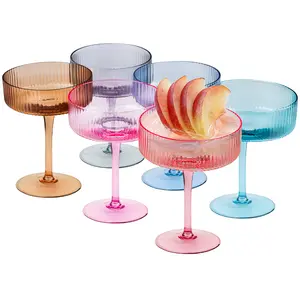 Colored Art Deco Coupe Glasses Set of 6, Vintage Martini Glasses, Quality Ribbed Cocktail, Champagne, Martini, Wine Glasses, Perfect for Parties,Gifts,Champagne,Weddings,Aniversary