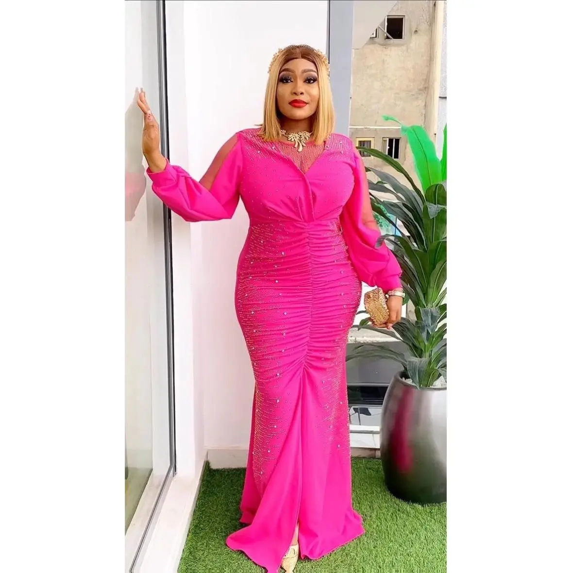 Pink Embellished Split Sleeve Ruched Maxi Dress - Wedding Guest Gown Cocktail Dinner Holiday Party Reception Mother of The Bride or Groom Formal Evening Womenswear Birthday Photoshoot Outfit