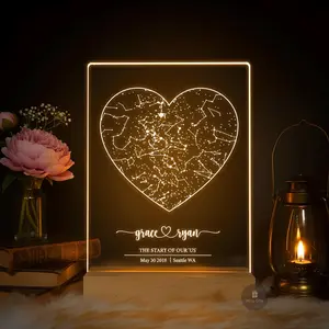 Custom Heart Star Map Plaque with Night Light Personalized Valentine's Gift for Her Clear Constellation Sky Night Lamp with Names, Date & Location Romantic Couple Anniversary Gift for Her Him Unique Love Story Gift for GF Home Decor