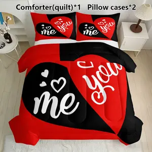 "me & You" Heart Bedding Set, 1 Comforter + 2 Pillowcases, Romantic Couple Decor, Feather Silk Cotton, Perfect for Couples